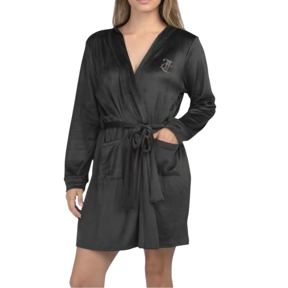 NWT Juicy Couture Velour Robe Women’s L/XL Black Soft Lounge Sleepwear